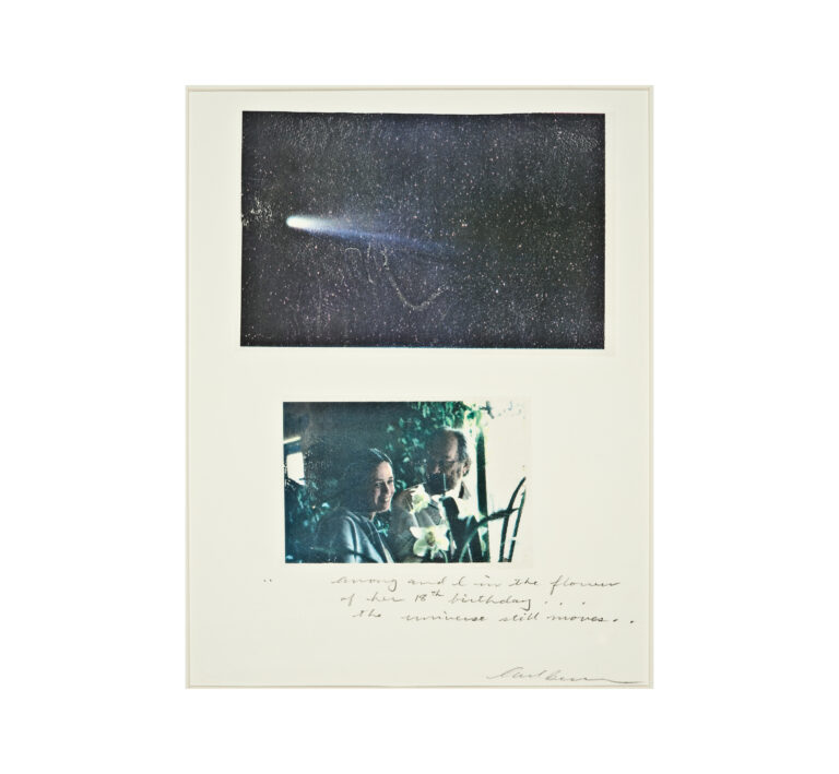 A photo collage of a comet on top, a smiling father and daughter surrounded by flowers, and a note in pencil underneath.