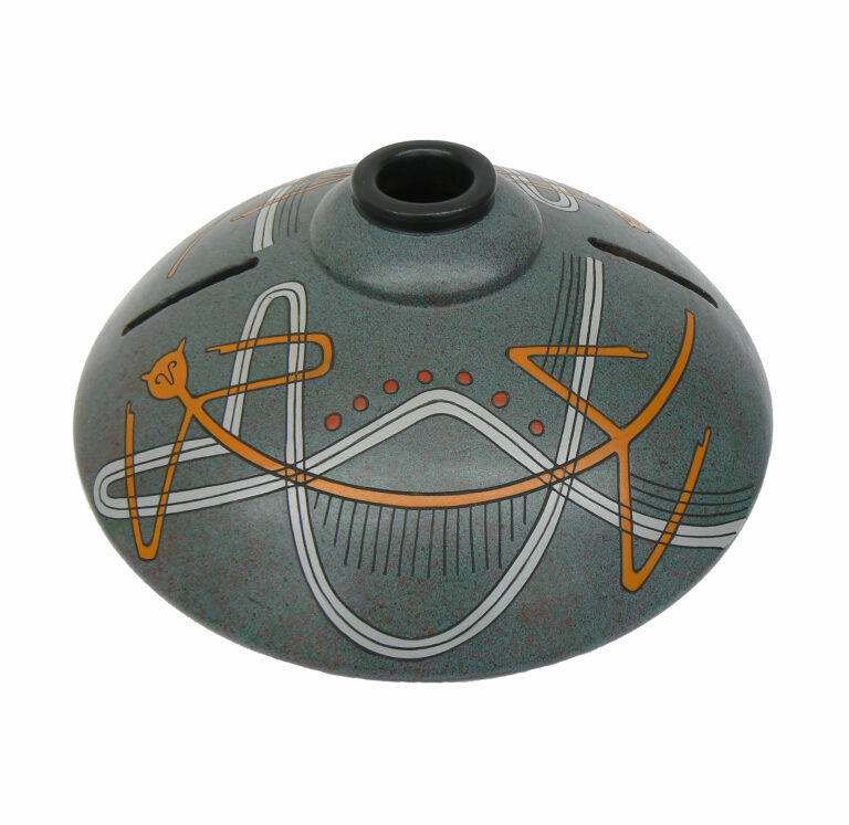 A round jade colored pot painted with two long thin orange jaguars, small red circles, and gray lines forming organic shapes.